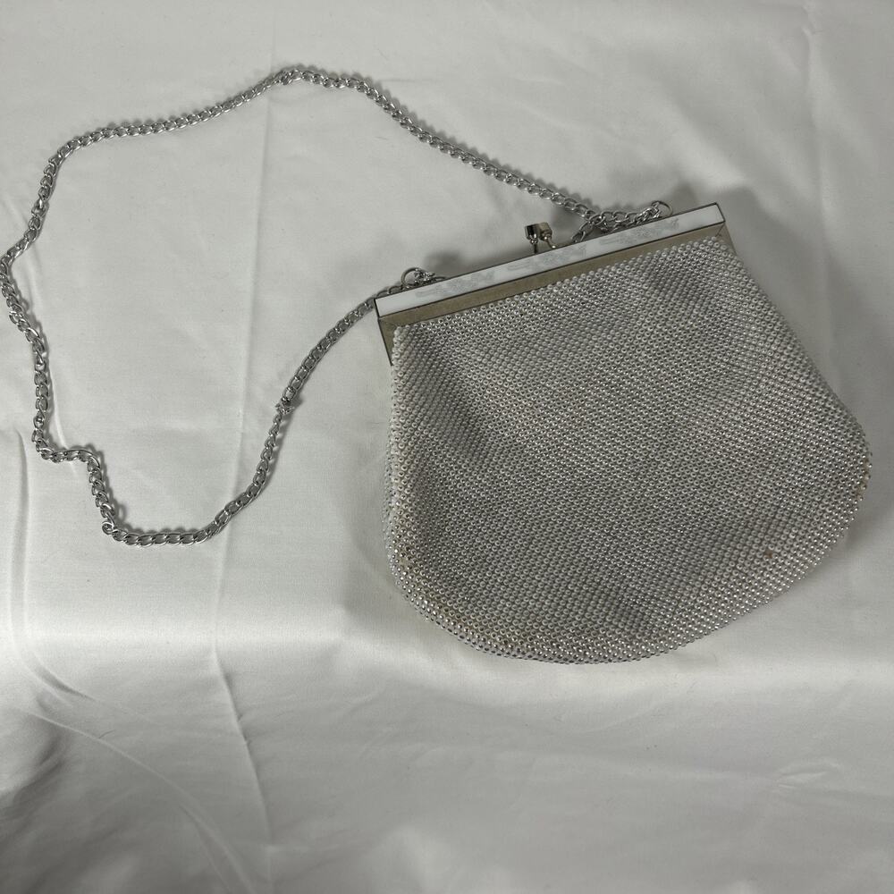 Vintage White Beaded Mesh Evening Bag with Floral Enamel Frame Clasp Hong Kong